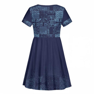 Yoruba Adire Eleko Patterns Kid Short Sleeve Dress Indigo Vintage