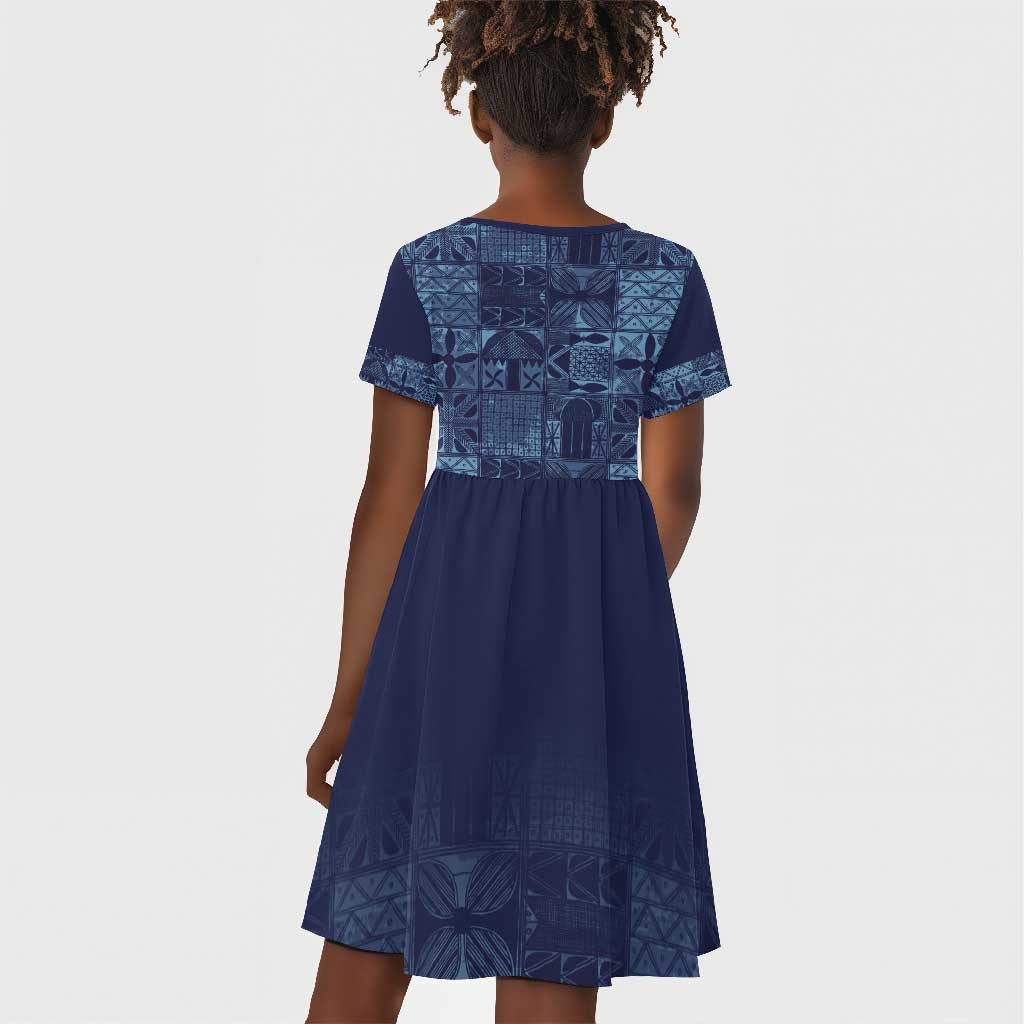 Yoruba Adire Eleko Patterns Kid Short Sleeve Dress Indigo Vintage