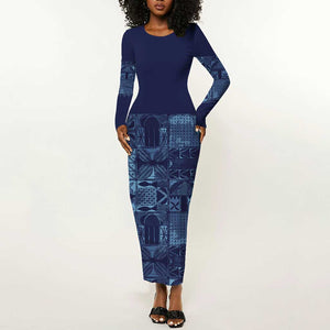 Yoruba Adire Eleko Patterns Long Sleeve Bodycon Dress Indigo Vintage