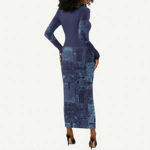 Yoruba Adire Eleko Patterns Long Sleeve Bodycon Dress Indigo Vintage