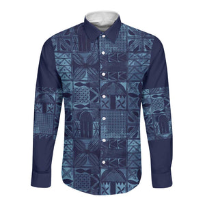Yoruba Adire Eleko Patterns Long Sleeve Button Shirt Indigo Vintage