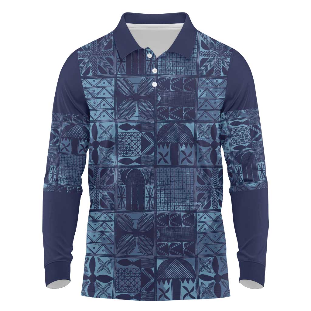 Yoruba Adire Eleko Patterns Long Sleeve Polo Shirt Indigo Vintage