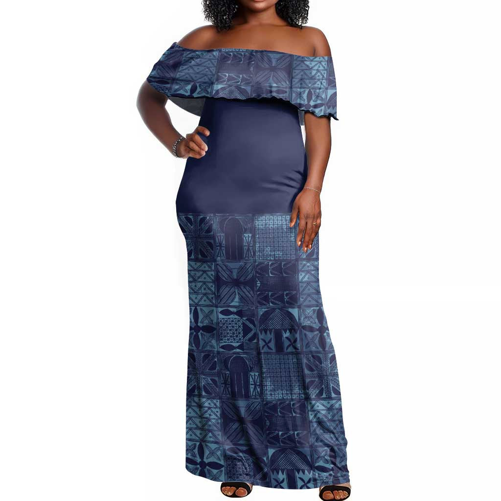Yoruba Adire Eleko Patterns Off Shoulder Maxi Dress Indigo Vintage