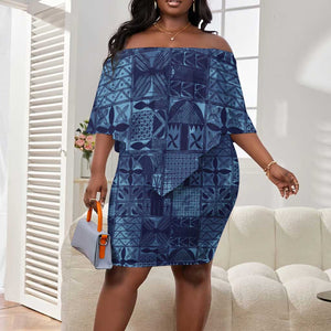 Yoruba Adire Eleko Patterns Off Shoulder Short Dress Indigo Vintage