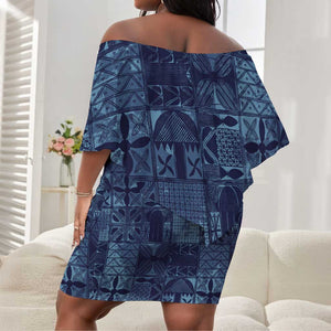 Yoruba Adire Eleko Patterns Off Shoulder Short Dress Indigo Vintage