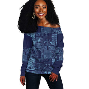 Yoruba Adire Eleko Patterns Off Shoulder Sweater Indigo Vintage