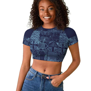 Yoruba Adire Eleko Patterns Raglan Cropped T shirt Indigo Vintage