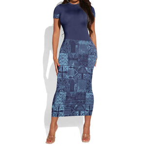 Yoruba Adire Eleko Patterns Short Sleeve Bodycon Dress Indigo Vintage
