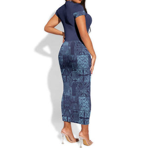 Yoruba Adire Eleko Patterns Short Sleeve Bodycon Dress Indigo Vintage