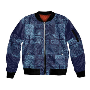 Yoruba Adire Eleko Patterns Sleeve Zip Bomber Jacket Indigo Vintage