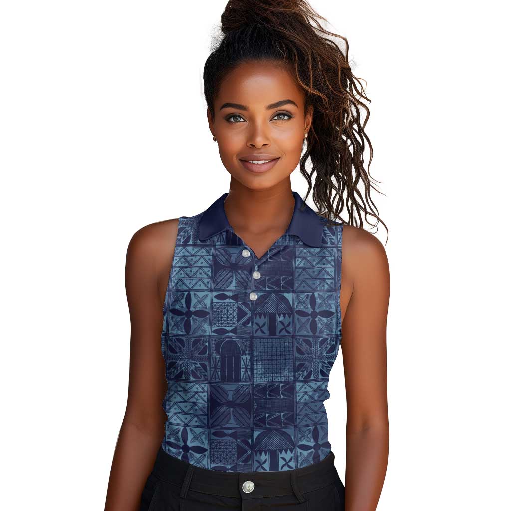 Yoruba Adire Eleko Patterns Women Sleeveless Polo Shirt Indigo Vintage