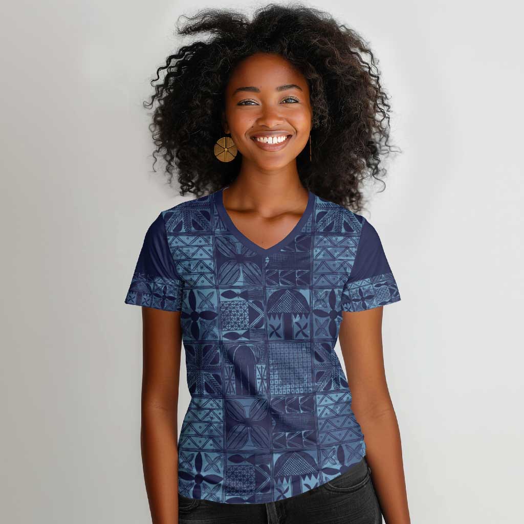 Yoruba Adire Eleko Patterns Women V-Neck T-Shirt Indigo Vintage