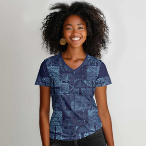 Yoruba Adire Eleko Patterns Women V-Neck T-Shirt Indigo Vintage