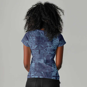 Yoruba Adire Eleko Patterns Women V-Neck T-Shirt Indigo Vintage