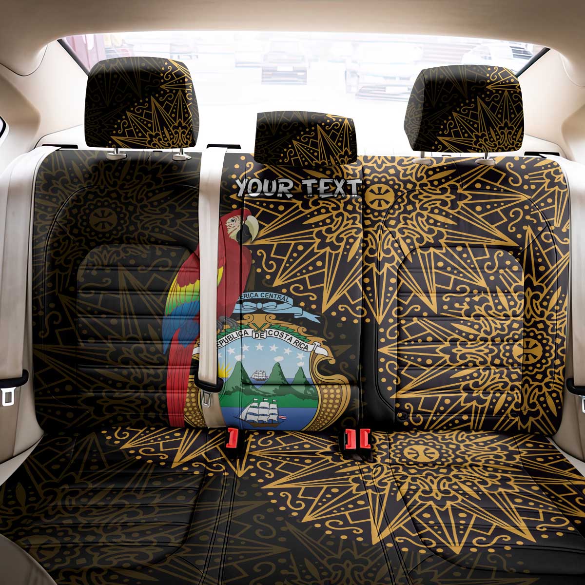 Pura Vida Costa Rica Personalized Back Car Seat Cover Oxcart Ornate Inspired Gold Pattern - African Pride