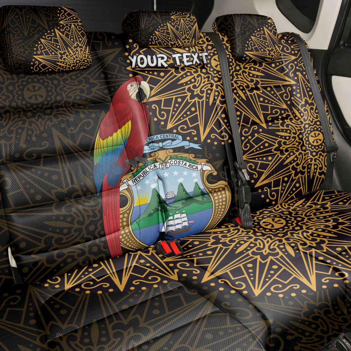 Pura Vida Costa Rica Personalized Back Car Seat Cover Oxcart Ornate Inspired Gold Pattern - African Pride