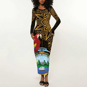 Pura Vida Costa Rica Personalized Long Sleeve Bodycon Dress Oxcart Ornate Inspired Gold Pattern - African Pride