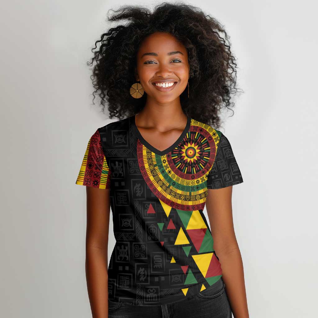 Personalized Adinkra Afro-Akan Culture Women V-Neck T-Shirt Afrikan Colors