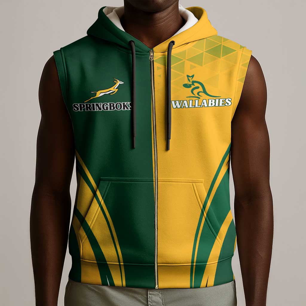 Personalised Australia Mix South Africa Rugby Sleeveless Zip Hoodie Wallabies And Springboks - Champions Special Ver - African Pride