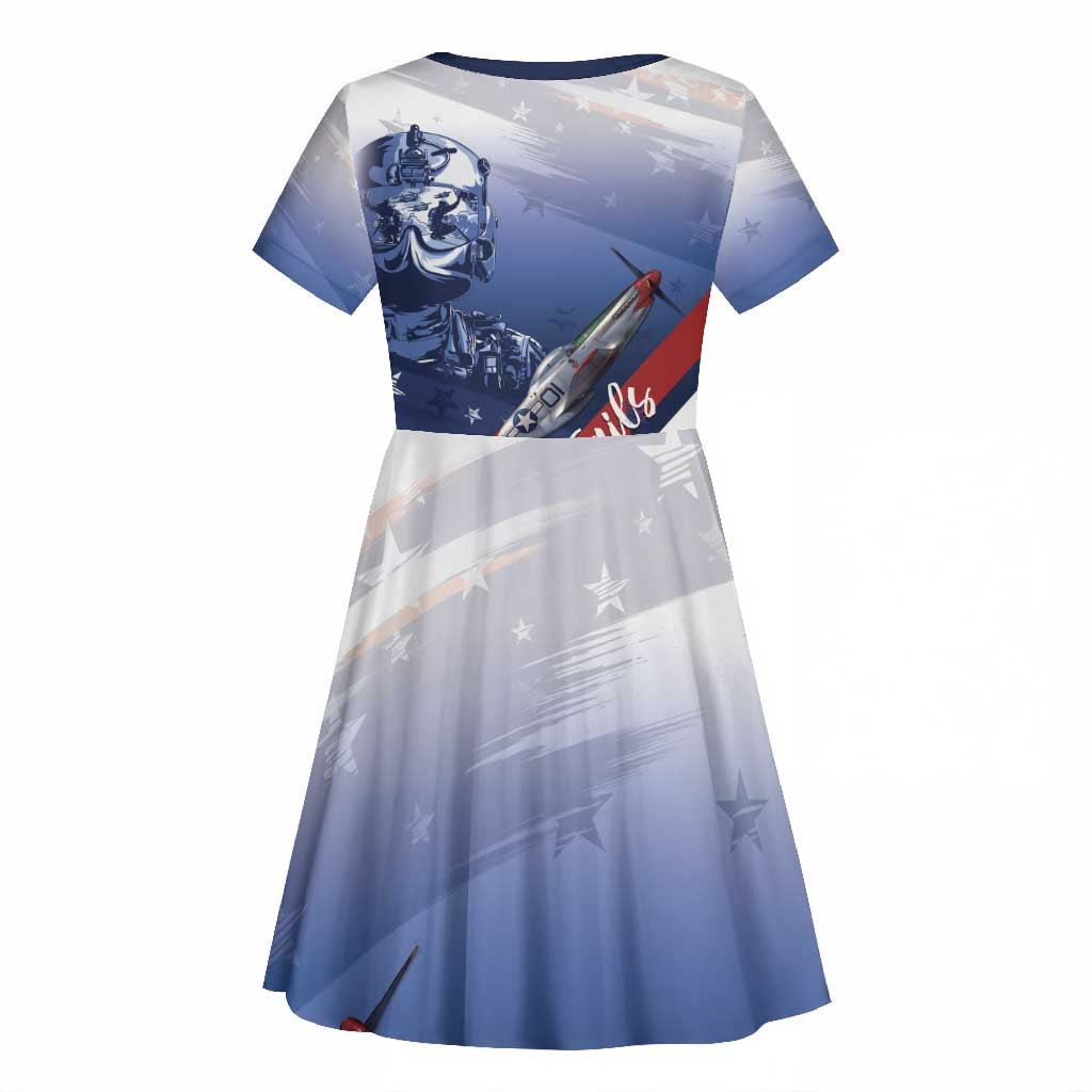Tuskegee Airmen Red Tails Kid Short Sleeve Dress Straighten Up and Fly Right - Blue White - African Pride
