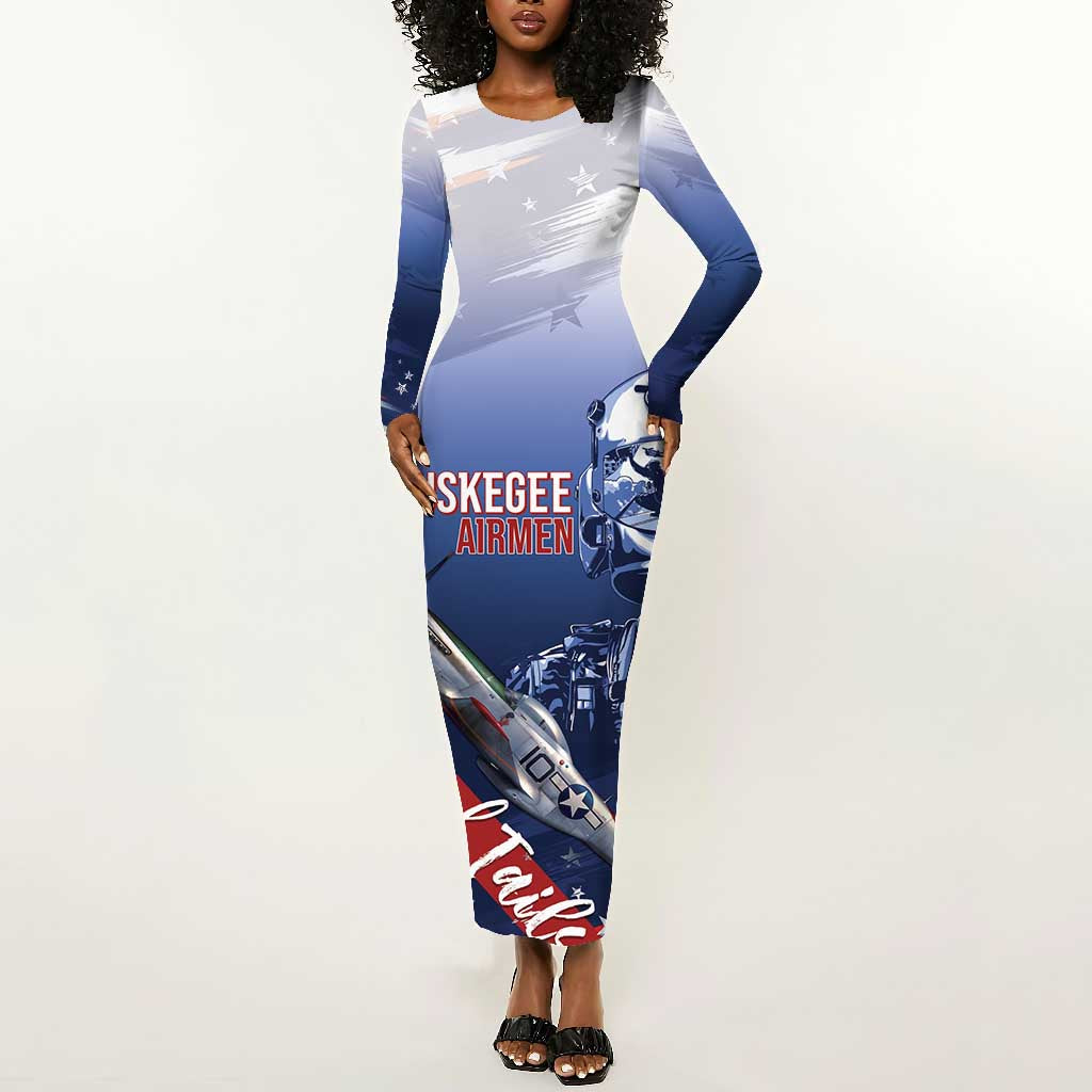 Tuskegee Airmen Red Tails Long Sleeve Bodycon Dress Straighten Up and Fly Right - Blue White - African Pride