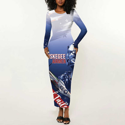 Tuskegee Airmen Red Tails Long Sleeve Bodycon Dress Straighten Up and Fly Right - Blue White - African Pride