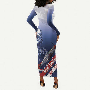 Tuskegee Airmen Red Tails Long Sleeve Bodycon Dress Straighten Up and Fly Right - Blue White - African Pride