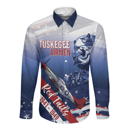 Tuskegee Airmen Red Tails Long Sleeve Button Shirt Straighten Up and Fly Right - Blue White - African Pride