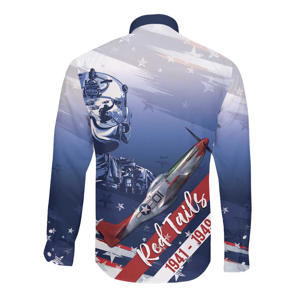 Tuskegee Airmen Red Tails Long Sleeve Button Shirt Straighten Up and Fly Right - Blue White - African Pride