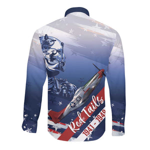Tuskegee Airmen Red Tails Long Sleeve Button Shirt Straighten Up and Fly Right - Blue White - African Pride