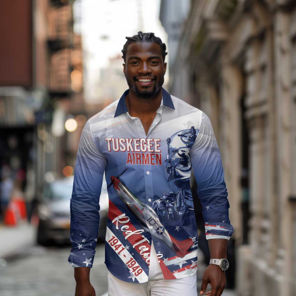 Tuskegee Airmen Red Tails Long Sleeve Button Shirt Straighten Up and Fly Right - Blue White - African Pride