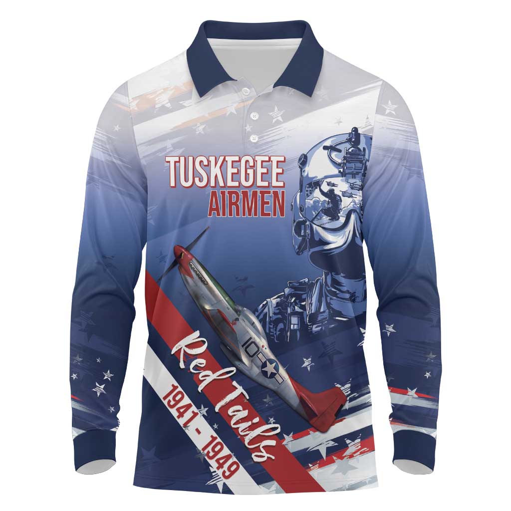 Tuskegee Airmen Red Tails Long Sleeve Polo Shirt Straighten Up and Fly Right - Blue White - African Pride