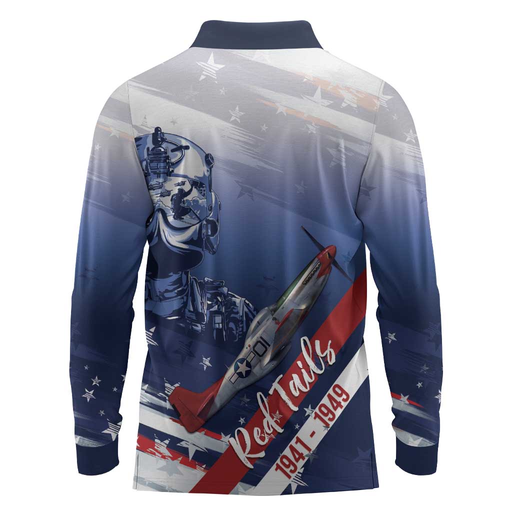 Tuskegee Airmen Red Tails Long Sleeve Polo Shirt Straighten Up and Fly Right - Blue White - African Pride