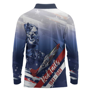 Tuskegee Airmen Red Tails Long Sleeve Polo Shirt Straighten Up and Fly Right - Blue White - African Pride