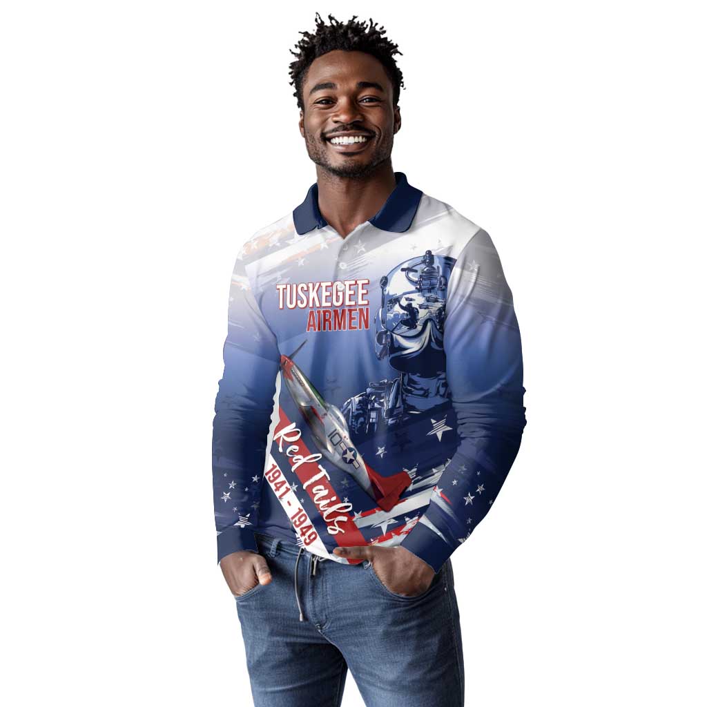Tuskegee Airmen Red Tails Long Sleeve Polo Shirt Straighten Up and Fly Right - Blue White - African Pride