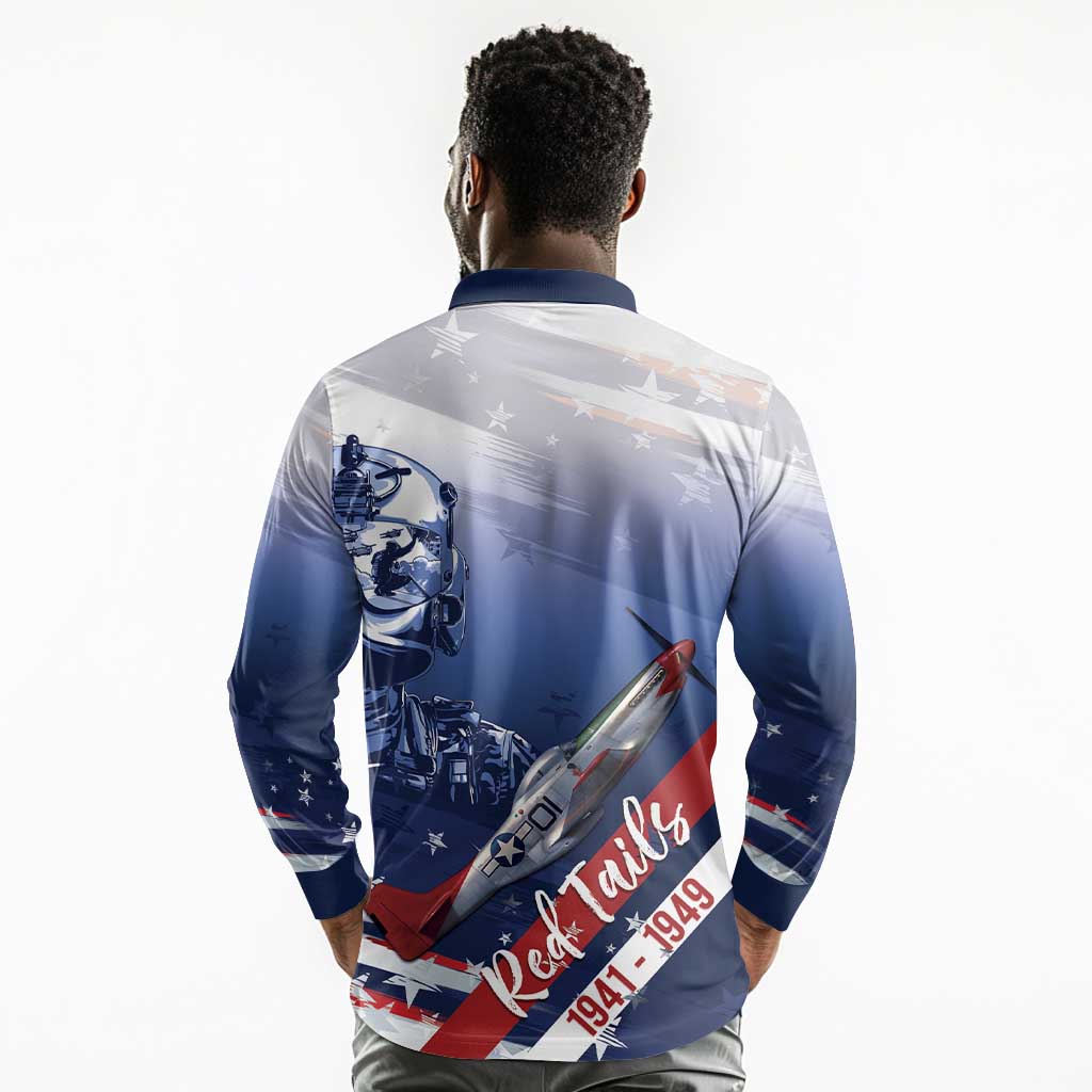Tuskegee Airmen Red Tails Long Sleeve Polo Shirt Straighten Up and Fly Right - Blue White - African Pride