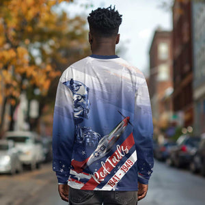 Tuskegee Airmen Red Tails Long Sleeve Shirt Straighten Up and Fly Right - Blue White - African Pride