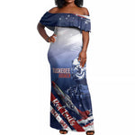 Tuskegee Airmen Red Tails Off Shoulder Maxi Dress Straighten Up and Fly Right - Blue White - African Pride