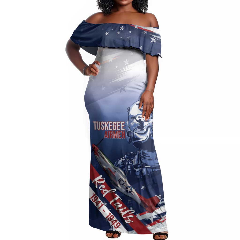 Tuskegee Airmen Red Tails Off Shoulder Maxi Dress Straighten Up and Fly Right - Blue White - African Pride