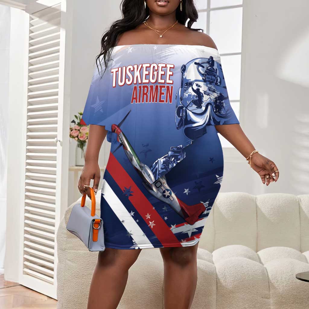 Tuskegee Airmen Red Tails Off Shoulder Short Dress Straighten Up and Fly Right - Blue White - African Pride