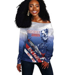 Tuskegee Airmen Red Tails Off Shoulder Sweater Straighten Up and Fly Right - Blue White - African Pride
