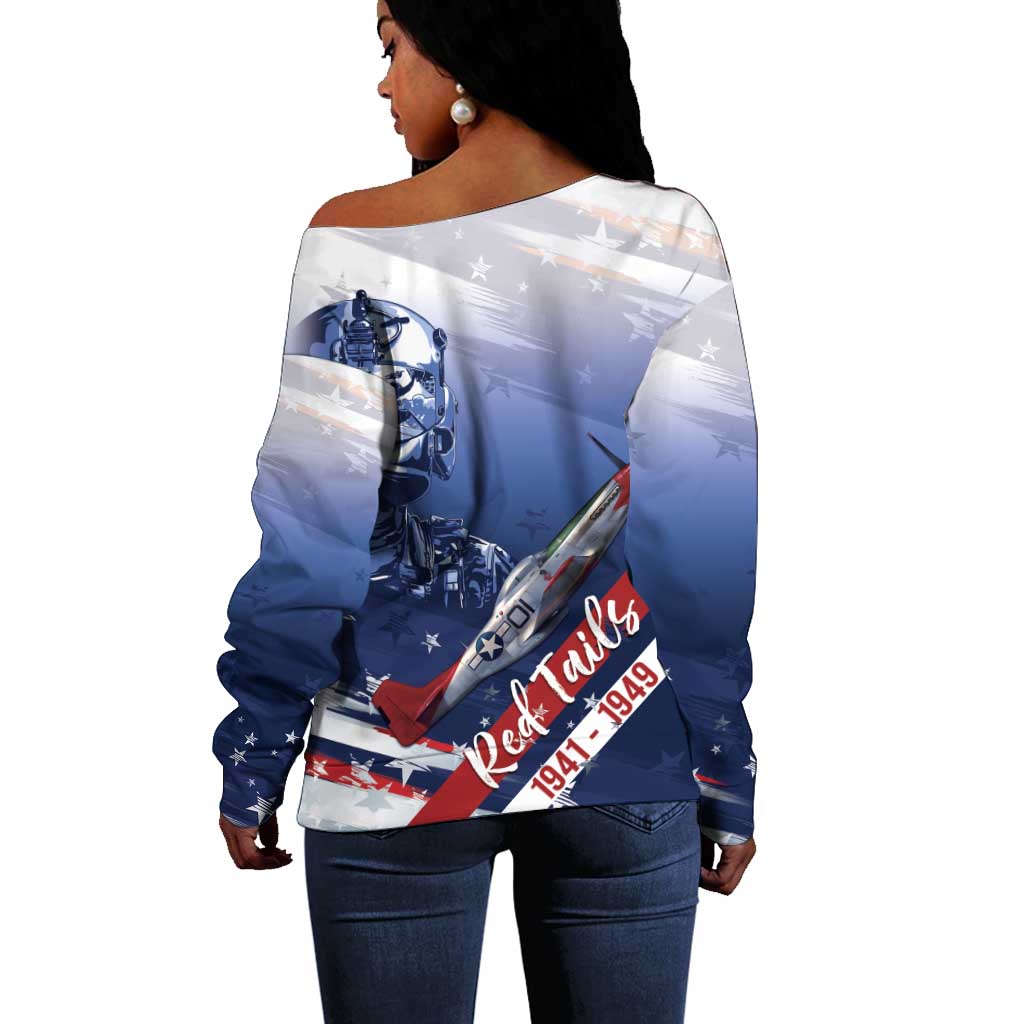 Tuskegee Airmen Red Tails Off Shoulder Sweater Straighten Up and Fly Right - Blue White - African Pride