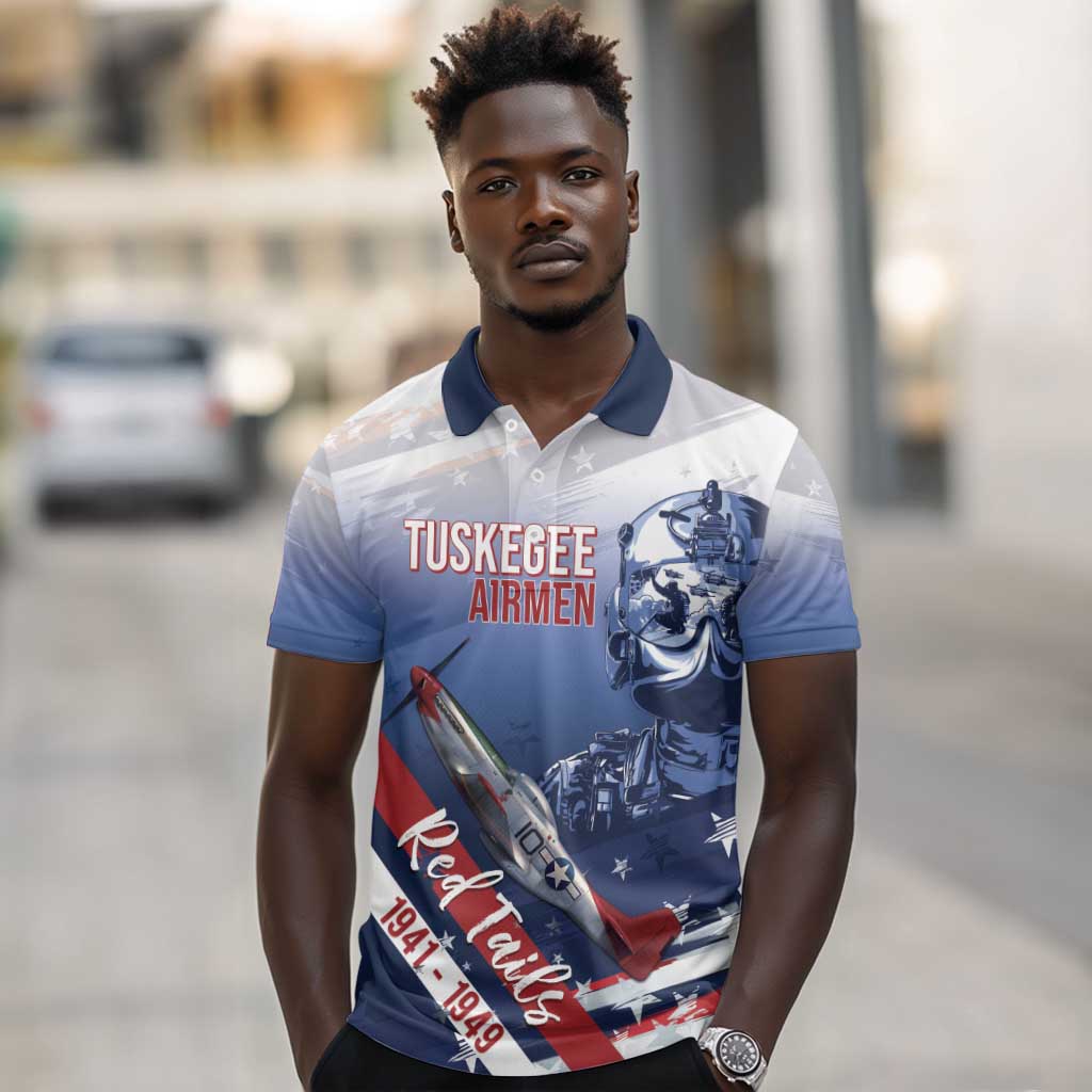 Tuskegee Airmen Red Tails Polo Shirt Straighten Up and Fly Right - Blue White - African Pride