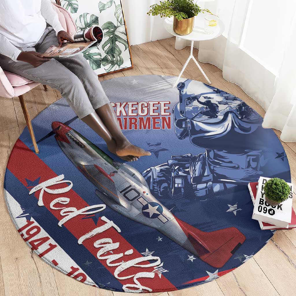 Tuskegee Airmen Red Tails Round Carpet Straighten Up and Fly Right - Blue White - African Pride