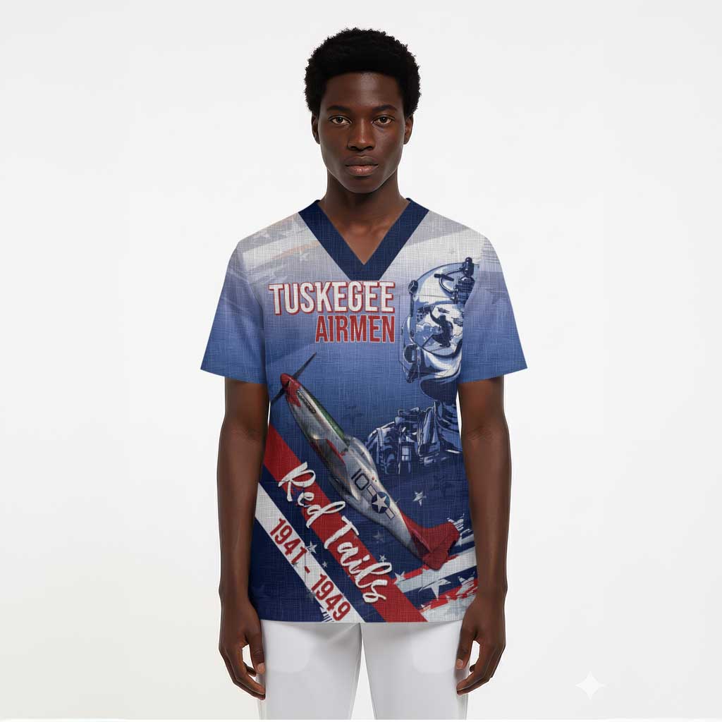 Tuskegee Airmen Red Tails Scrub Top Straighten Up and Fly Right - Blue White - African Pride