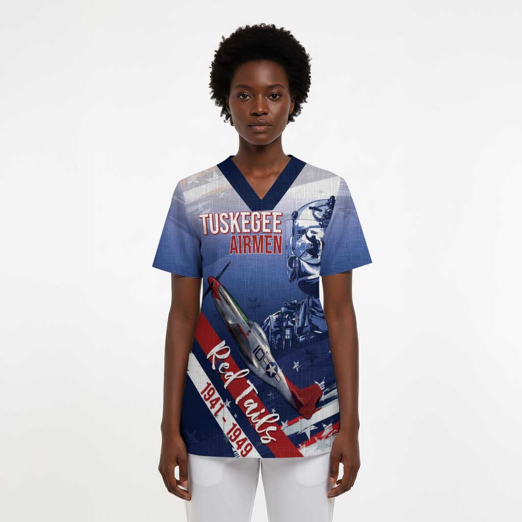Tuskegee Airmen Red Tails Scrub Top Straighten Up and Fly Right - Blue White - African Pride