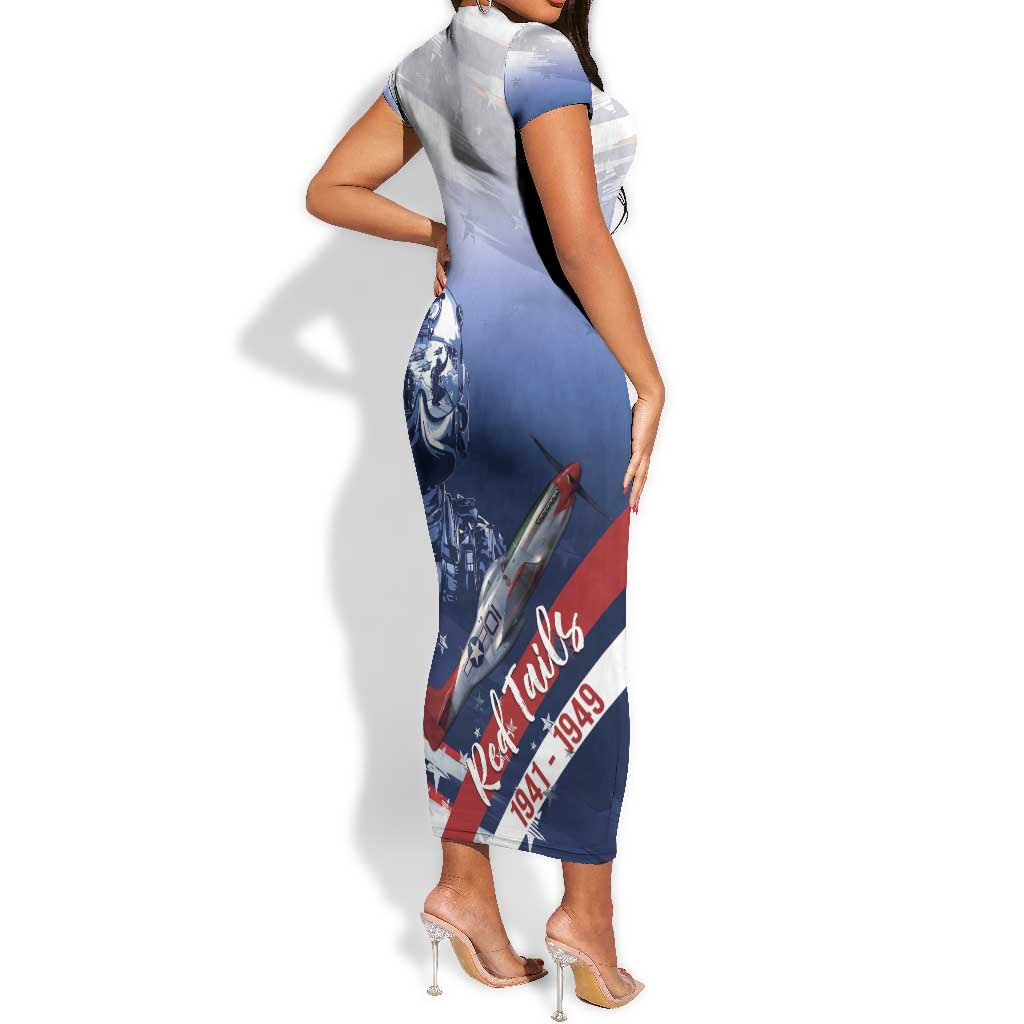 Tuskegee Airmen Red Tails Short Sleeve Bodycon Dress Straighten Up and Fly Right - Blue White - African Pride