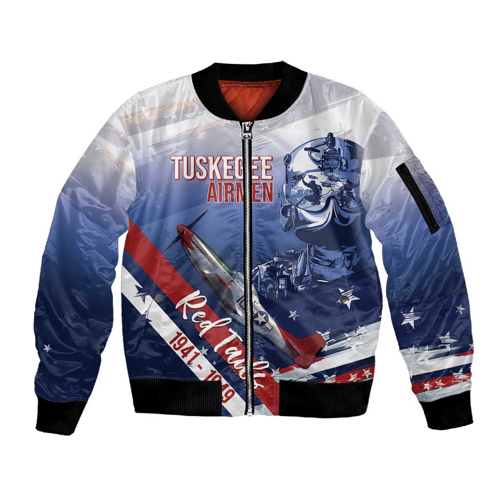 Tuskegee Airmen Red Tails Sleeve Zip Bomber Jacket Straighten Up and Fly Right - Blue White - African Pride