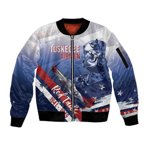 Tuskegee Airmen Red Tails Sleeve Zip Bomber Jacket Straighten Up and Fly Right - Blue White - African Pride