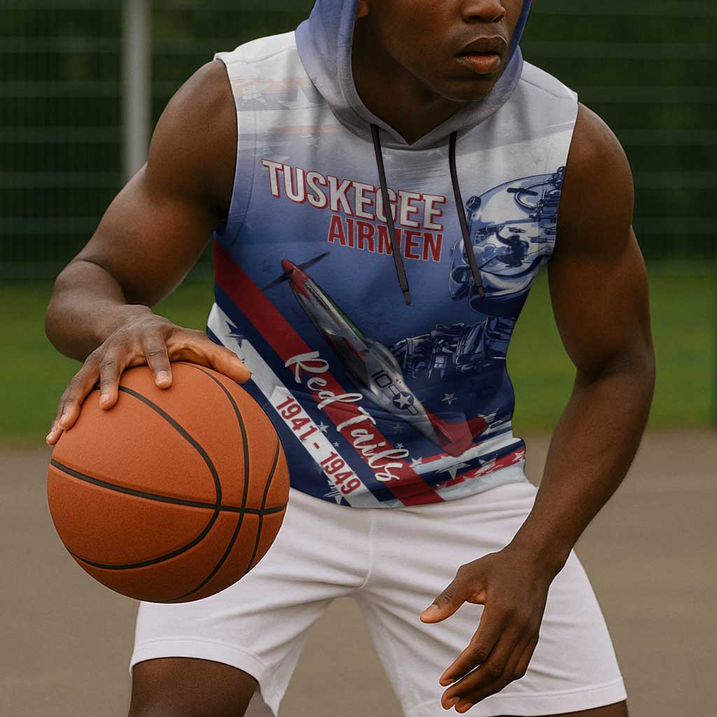 Tuskegee Airmen Red Tails Sleeveless Hoodie Straighten Up and Fly Right - Blue White - African Pride